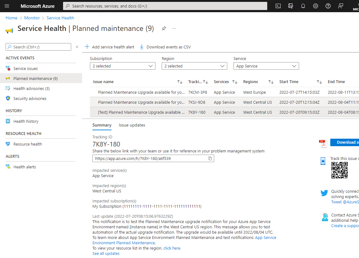 Screenshot del dashboard integrità dei servizi nella portale di Azure.