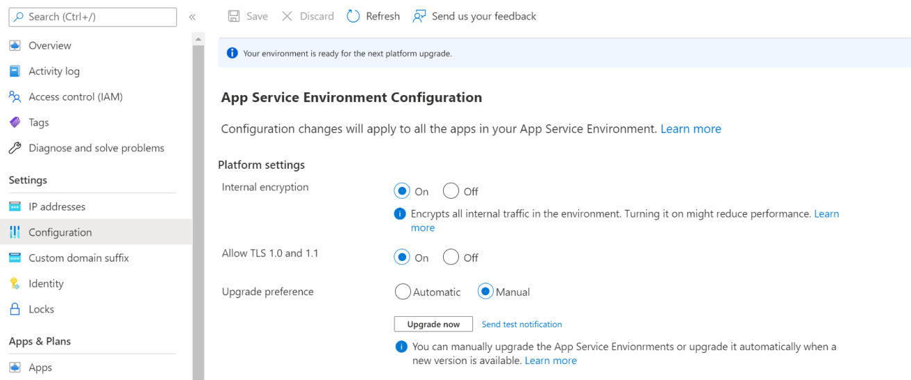 Screenshot di un riquadro di configurazione per avviare l'aggiornamento per il ambiente del servizio app.