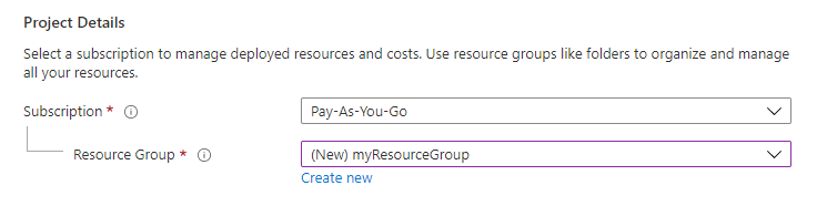 Screenshot of the Project details section showing where you select the Azure subscription and the resource group for the web app