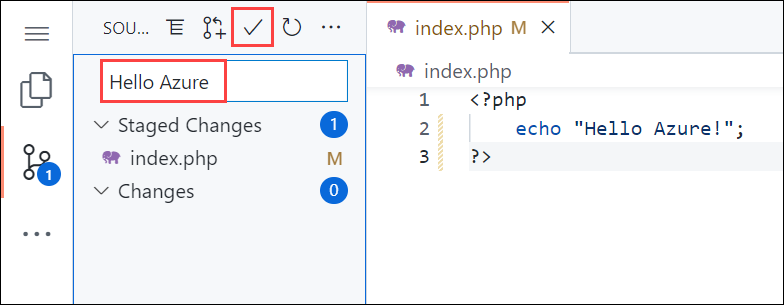Screenshot di Visual Studio Code nel browser, nel pannello Controllo del codice sorgente con un messaggio di commit 