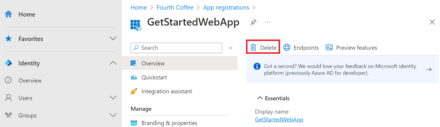 Screenshot that shows deleting the app registration.
