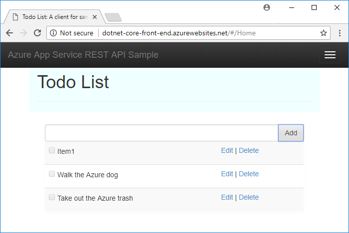 Screenshot of an Azure App Service Rest API Sample in a browser window, which shows a To do list app.