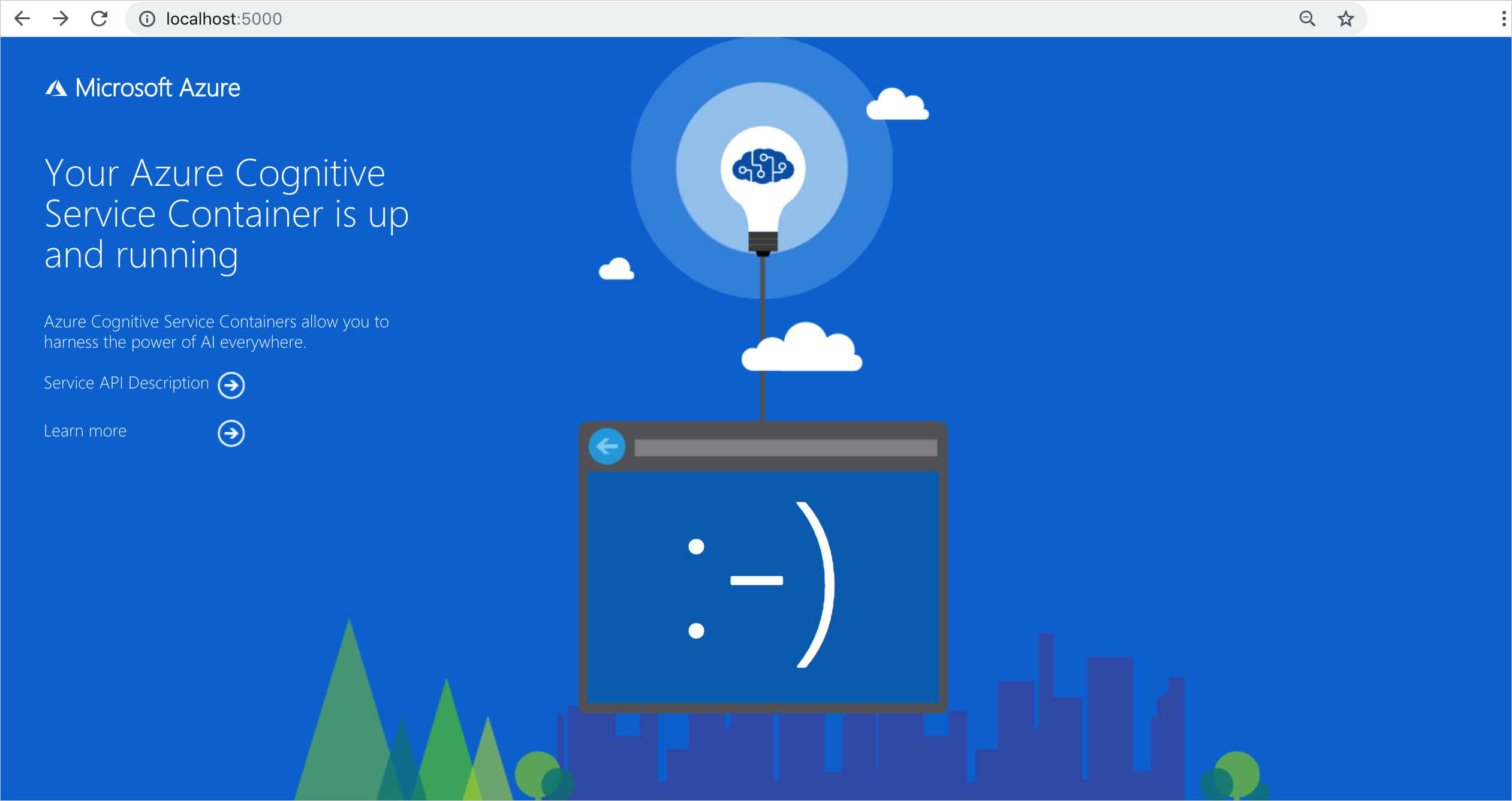 Screenshot: Azure container welcome page.