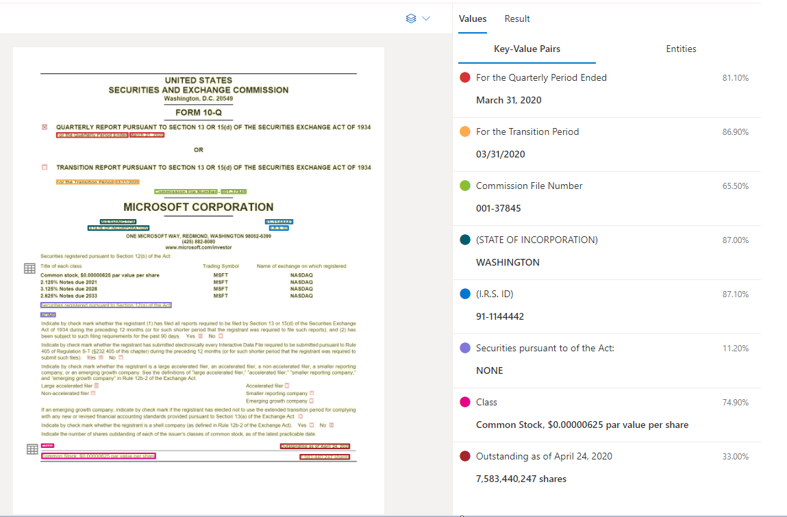 Screenshot: general document analysis in the Form Recognizer Studio.