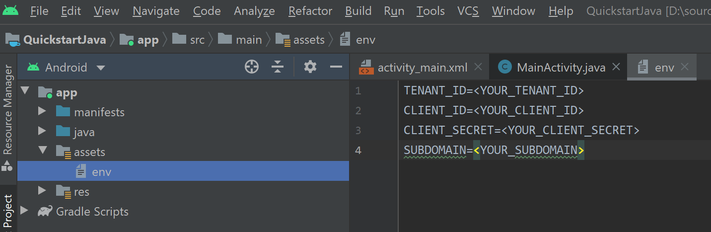 Screenshot that shows environment variables in Android Studio.