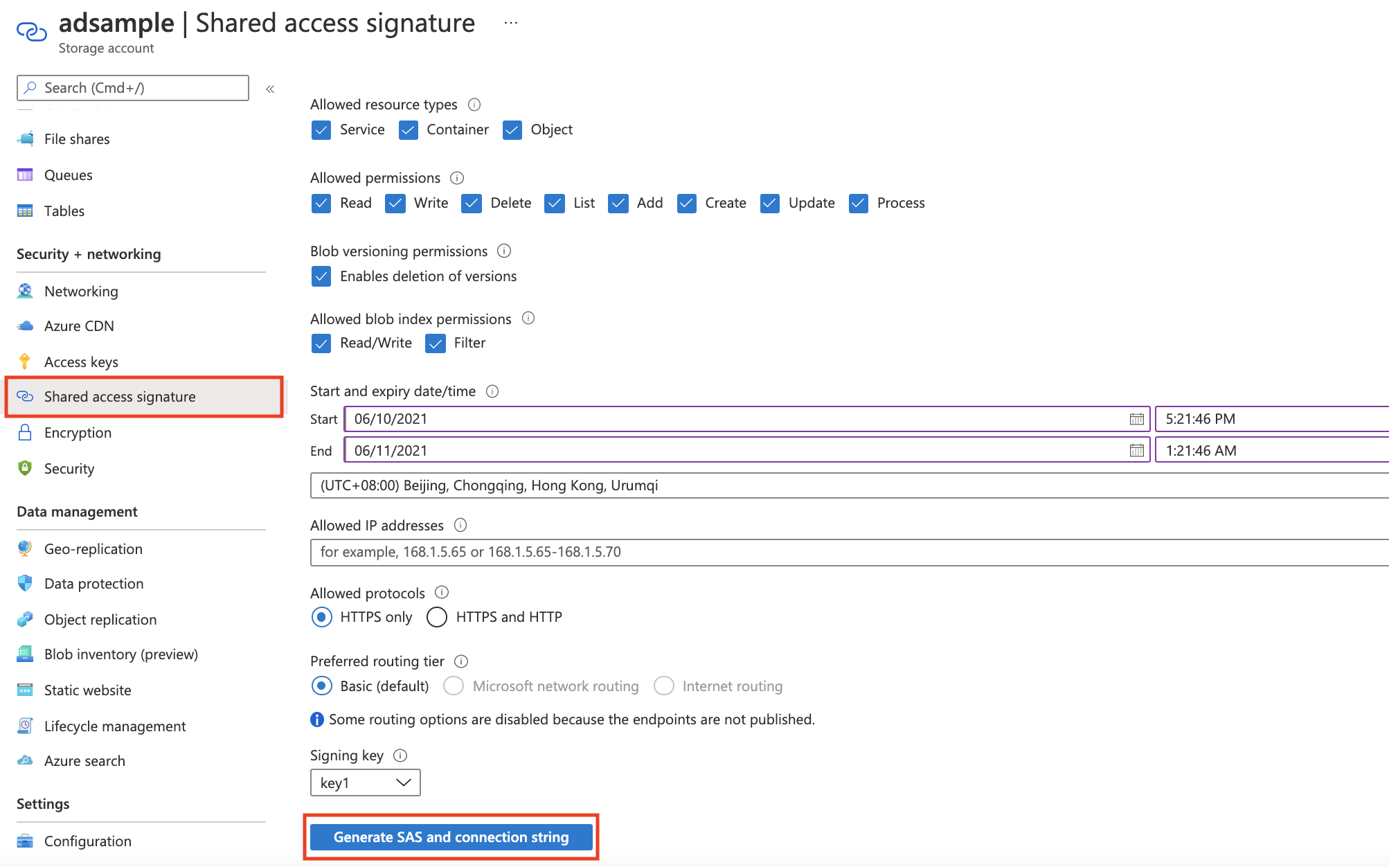Screenshot that shows how to generate the shared access signature in Azure Table Storage.