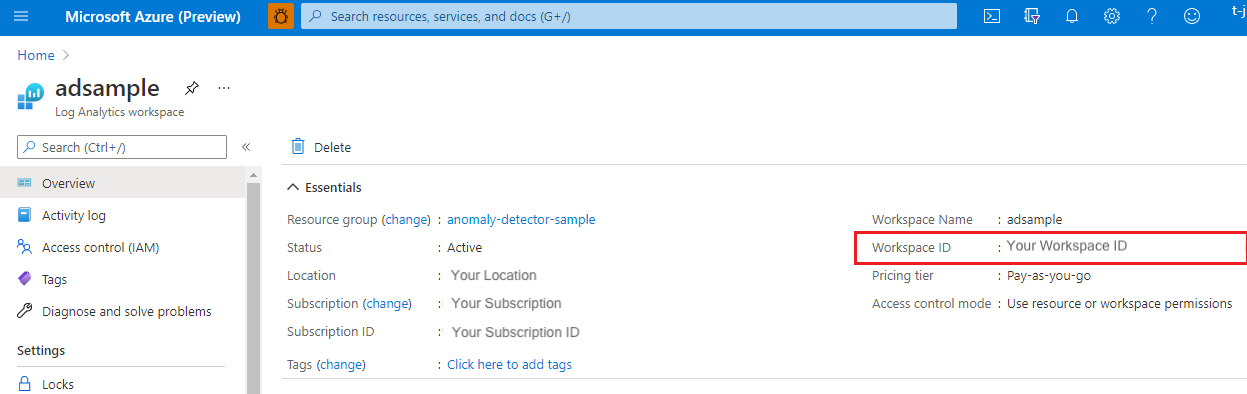 Screenshot that shows where to find the Workspace ID in the Azure portal.