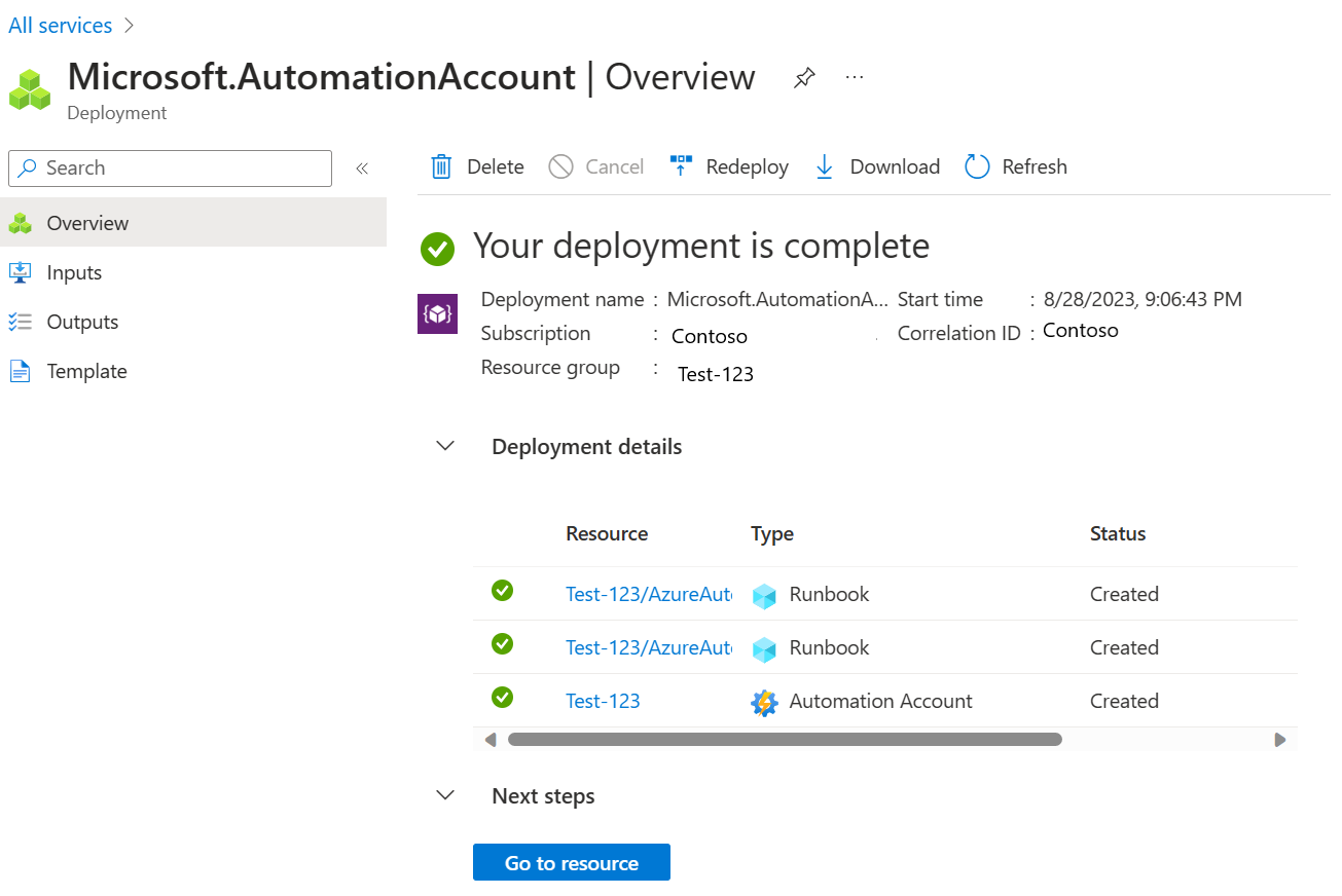 Automation account overview page