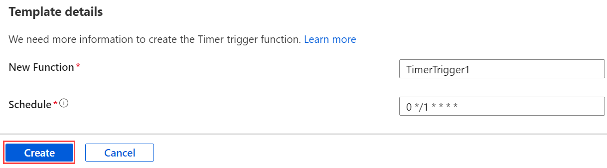 Screenshot che mostra la pagina Nuova funzione con il modello Trigger timer selezionato.