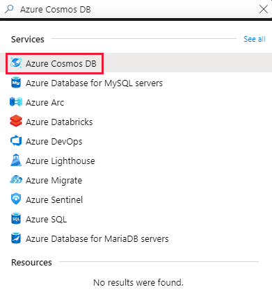 Cercare il servizio Azure Cosmos DB.