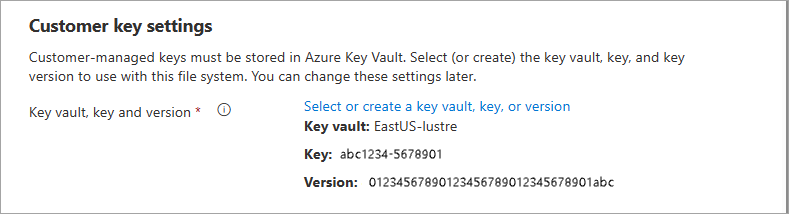 Screenshot che mostra le impostazioni chiave del cliente di esempio nella scheda Informazioni di base per un file system lustre gestito di Azure.