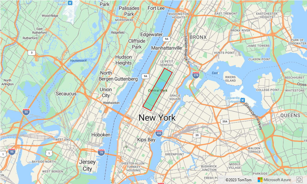 Screenshot di una mappa di New York City che mostra un livello poligono principalmente trasparente che copre tutto il Central Park, delimitato da una linea rossa.