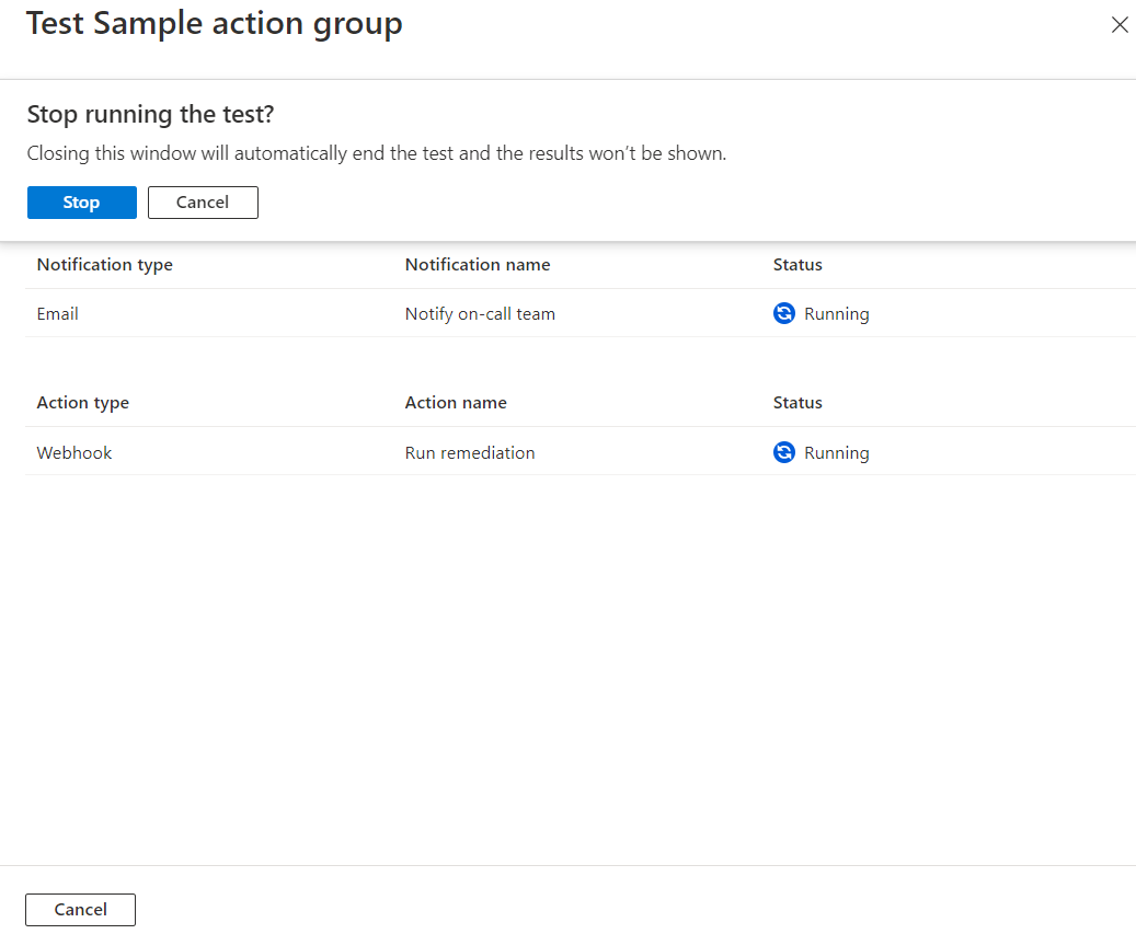 Screenshot of the Test sample action group page. A dialog box contains a Stop button and asks the user about stopping the test.