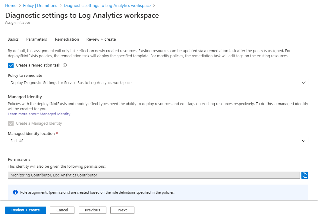 Screenshot that shows initiative remediation for a Log Analytics workspace.