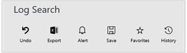 Screenshot che mostra parte di un dashboard personalizzato con etichetta Ricerca log con icone per Annulla, Esportazione, Avviso, Salva, Preferiti e Cronologia.