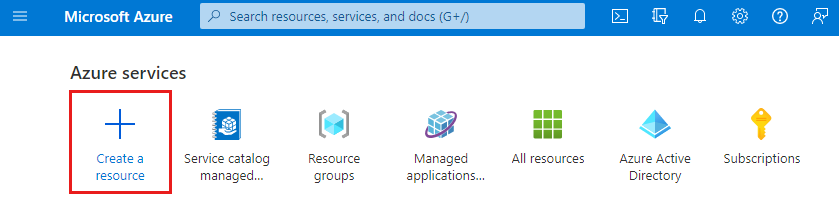 Screenshot of Azure home page with Create a resource highlighted.
