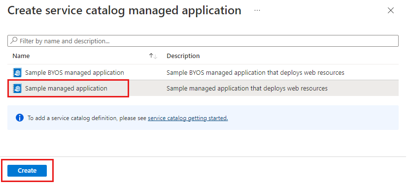 Screenshot that shows managed application definitions that you can deploy.