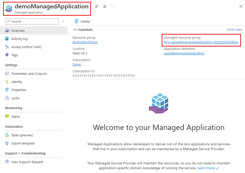 Screenshot that shows the managed application's details and highlights the link to the managed resource group.