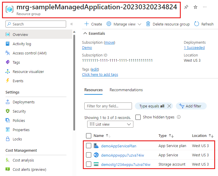 Screenshot that shows the managed resource group that contains the resources deployed by the managed application definition.