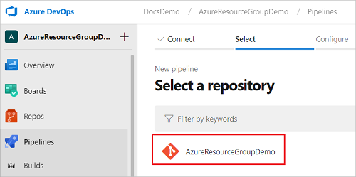 Screenshot della selezione del repository per il progetto in Azure DevOps