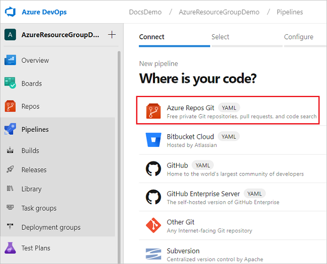Screenshot della selezione dell'origine del codice in Azure DevOps