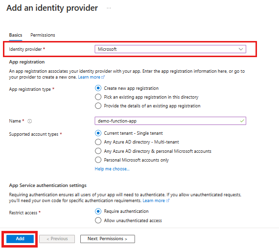 Screenshot della pagina per l'aggiunta di un provider di identità.