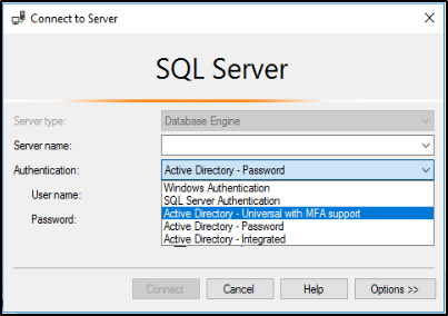 Screenshot della finestra di dialogo Connessione su server in S S M S con Active Directory - Universale con il supporto MFA selezionato nell'elenco a discesa Autenticazione.