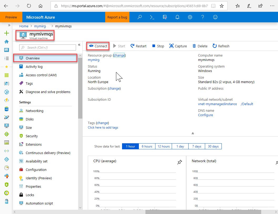 Screenshot shows the Azure portal with the Overview page for a virtual machine selected and Connect highlighted.