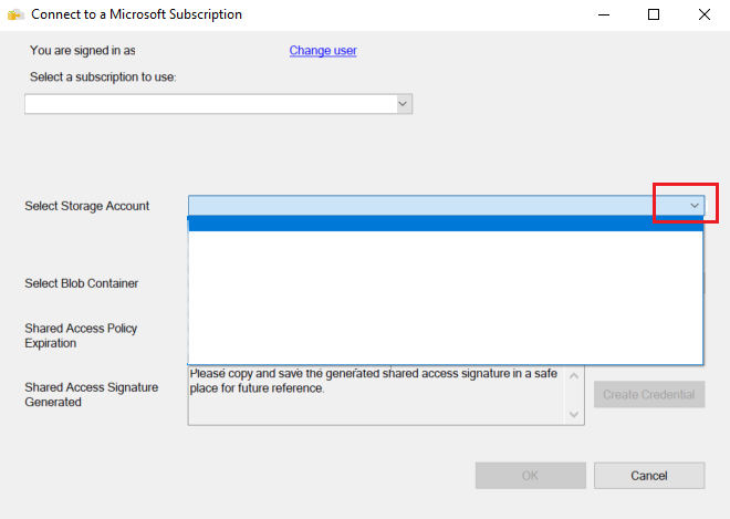 Screenshot della finestra di dialogo Connetti a una Sottoscrizione Microsoft. Viene visualizzata la freccia giù nella casella di riepilogo Seleziona account di archiviazione.