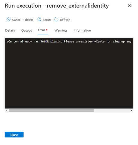 Screenshot che mostra gli errori rilevati durante l'esecuzione di un'esecuzione.