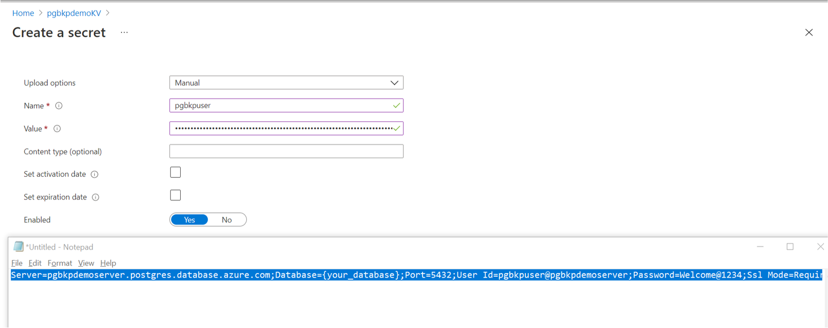 Screenshot che mostra l'opzione per creare un server P G segreto stringa di connessione.