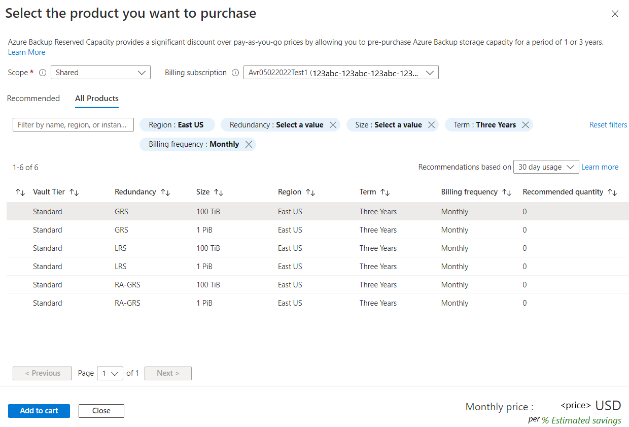 Screenshot che mostra le informazioni da immettere per acquistare la funzionalità di prenotazione per Backup di Azure Archiviazione.