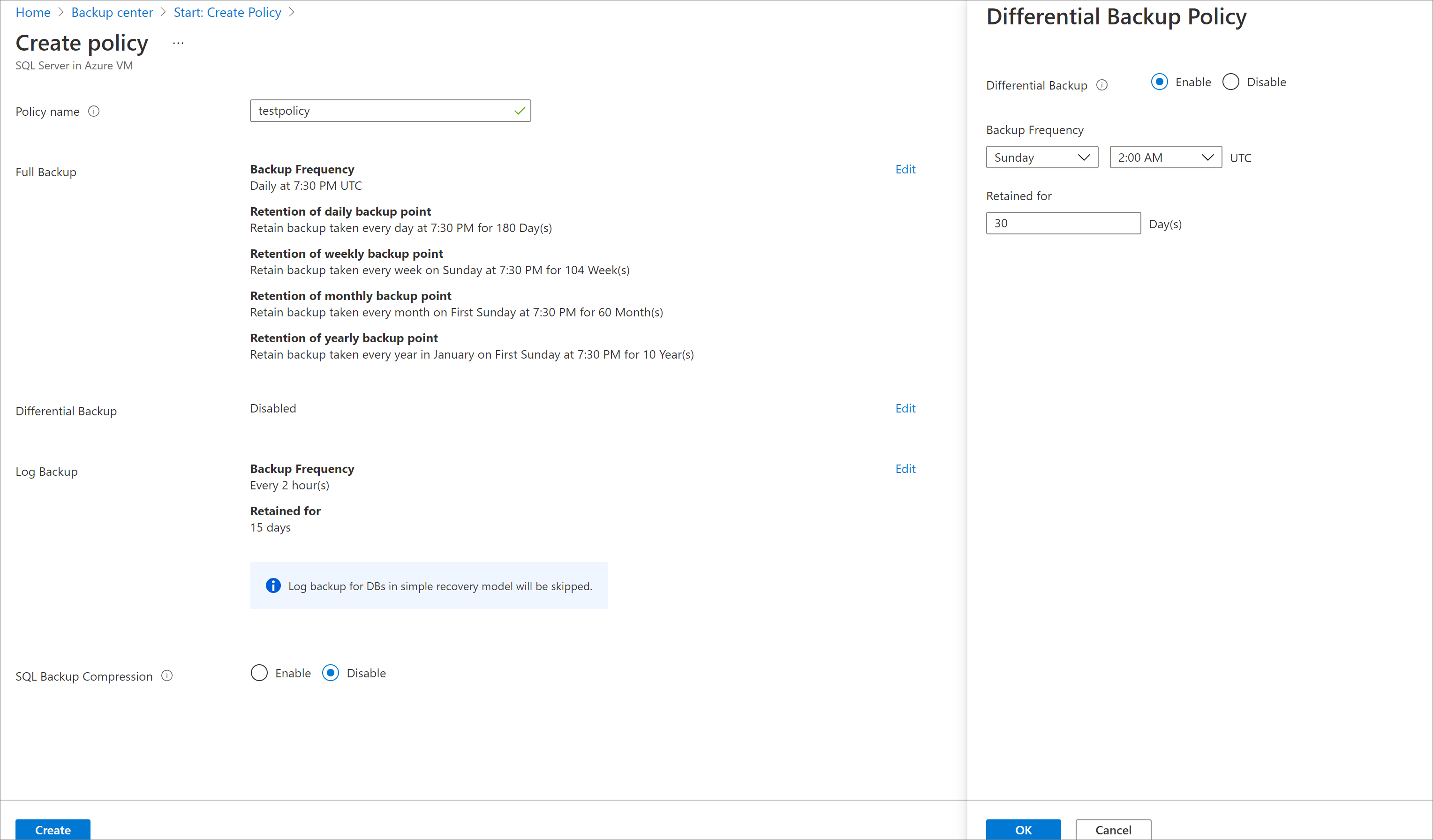 Screenshot che mostra i criteri di backup differenziali.