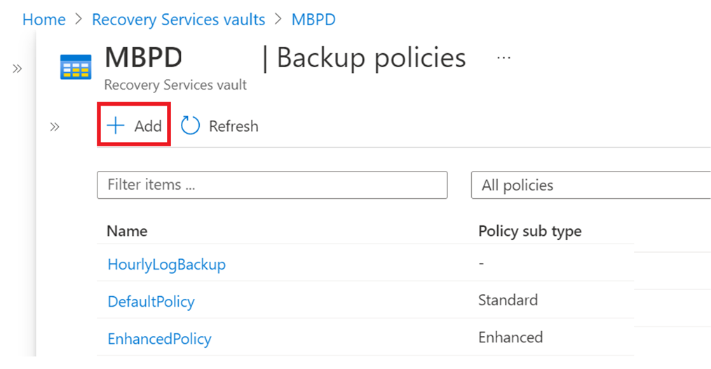 Screenshot che mostra l'aggiunta di un criterio di backup.