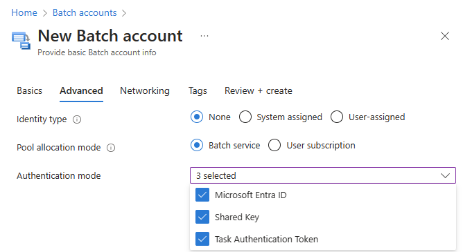 Screenshot delle opzioni modalità di autenticazione durante la creazione di un account Batch.