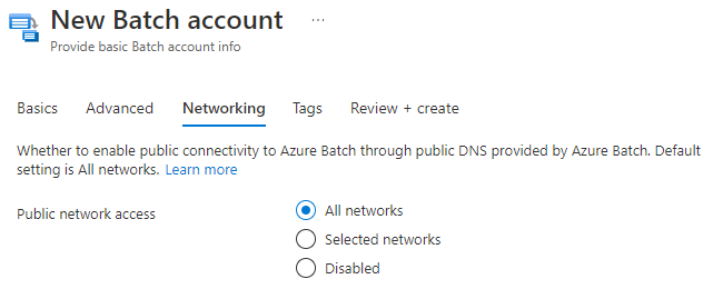 Screenshot delle opzioni di rete durante la creazione di un account Batch.