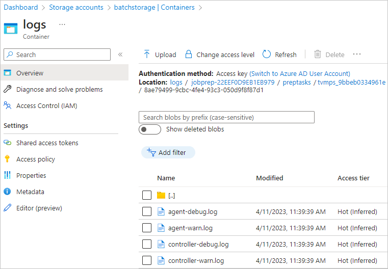 Screenshot dei log attività in un contenitore di archiviazione.