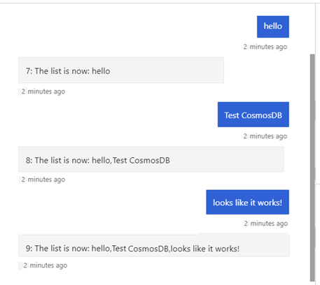 Conversazione con il bot che mostra il bot che mantiene un elenco di messaggi dall'utente.
