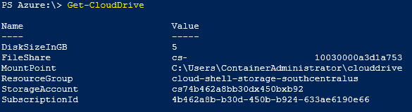 Screenshot dell'esecuzione del comando Get-CloudDrive in PowerShell.
