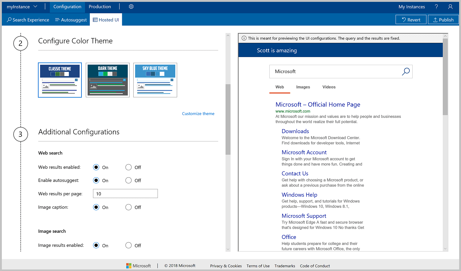 Screenshot della selezione della combinazione di colori per l'interfaccia utente ospitata