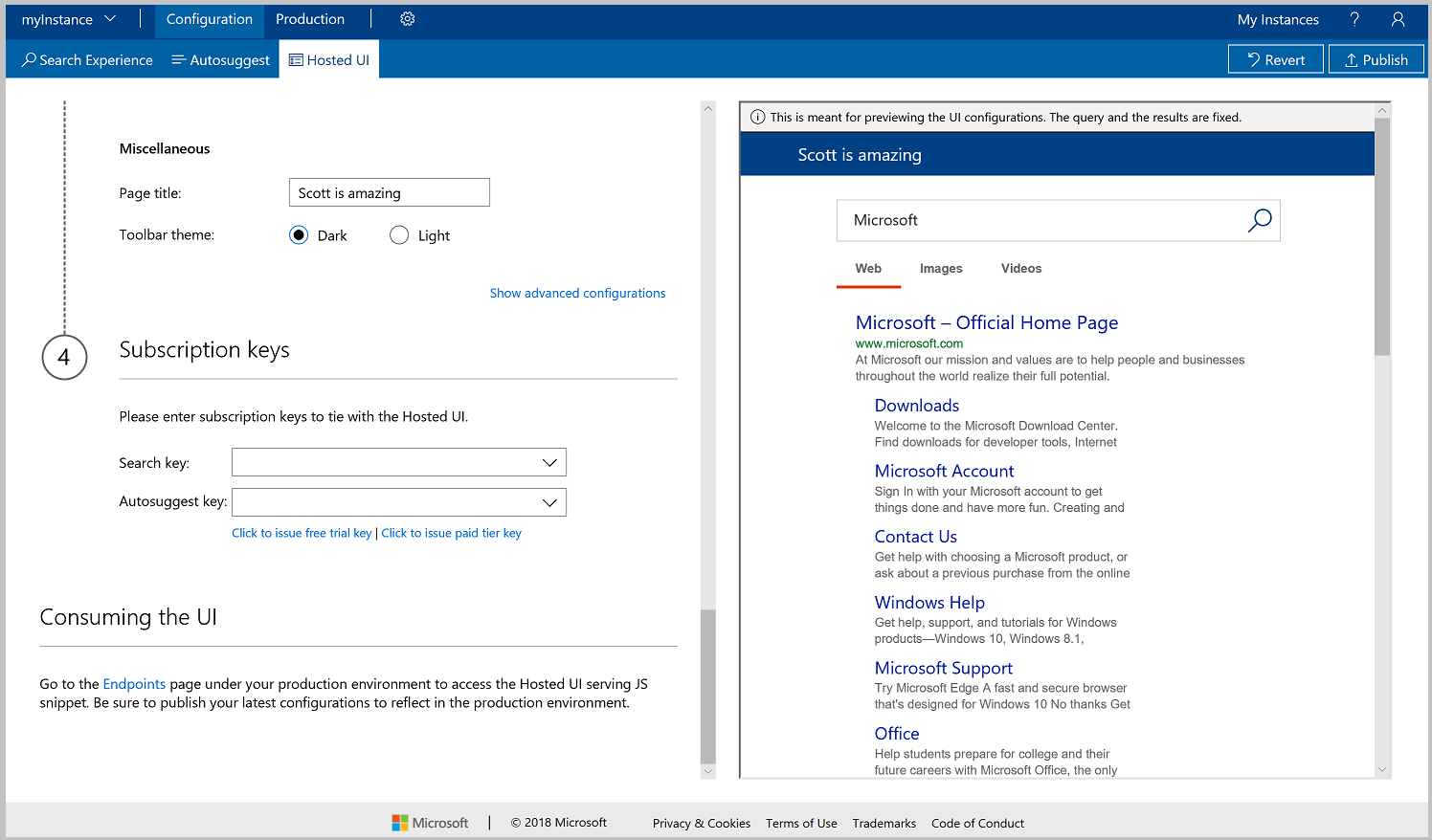 Screenshot della chiave di sottoscrizione dell'interfaccia utente ospitata