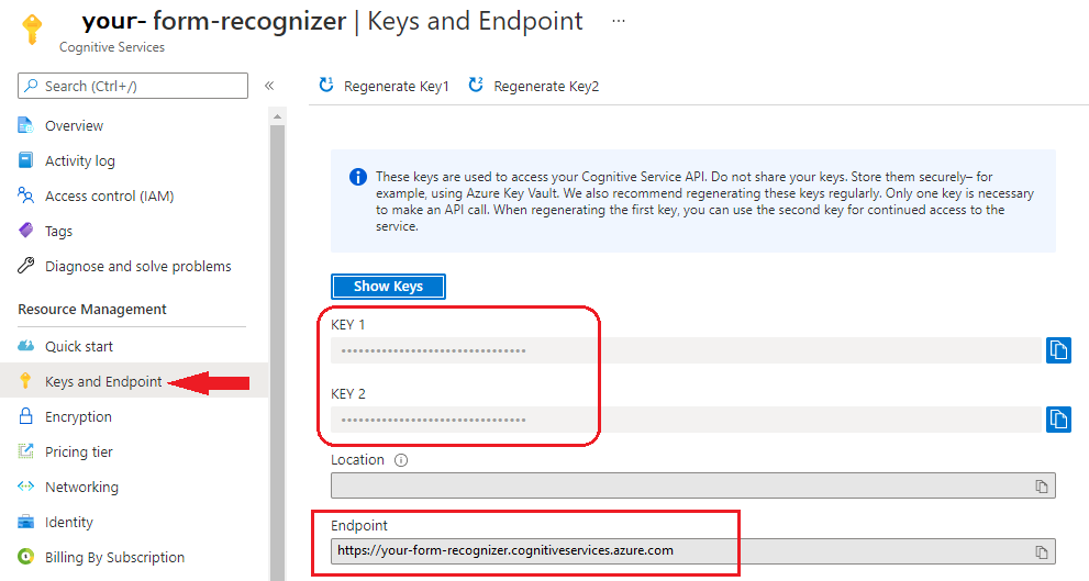 Screenshot delle chiavi e della posizione dell'endpoint nella portale di Azure.
