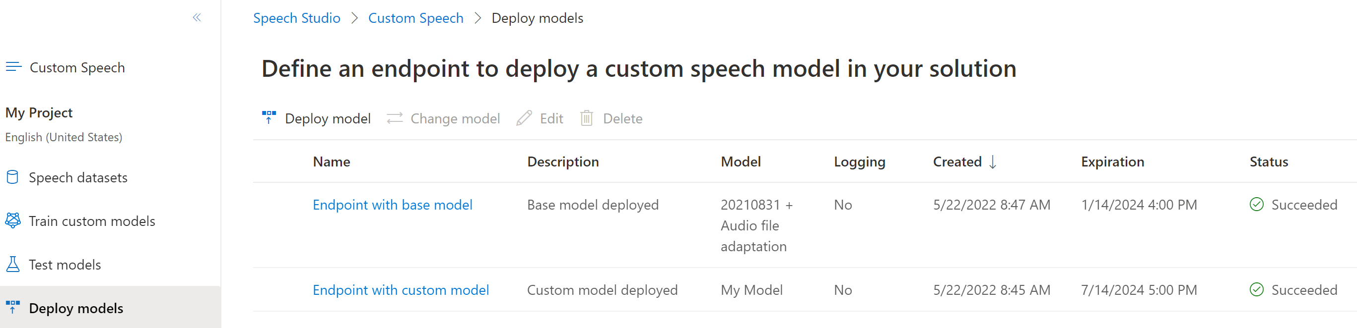 Screenshot della pagina deploy models (Distribuisci modelli) che mostra la data di scadenza della trascrizione.
