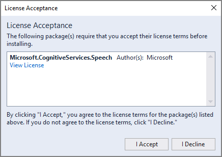 Screenshot della finestra di dialogo Accettazione licenza.