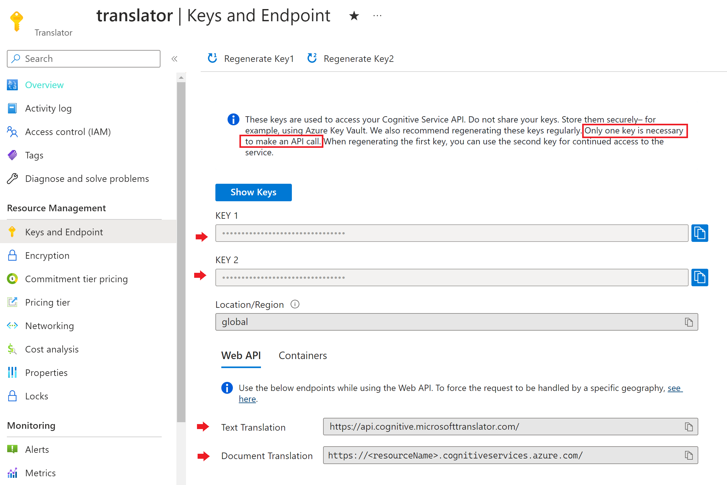 Screenshot del portale di Azure che mostra la pagina Chiavi ed endpoint di una risorsa Traduttore. Le chiavi e gli endpoint sono evidenziati.
