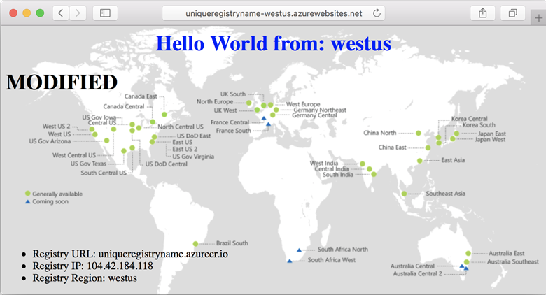 Visualizzazione nel browser dell'app Web modificata in esecuzione nell'area Stati Uniti occidentali