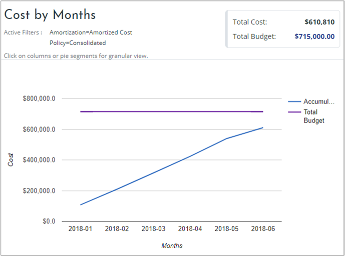 Budget illustrato in un grafico a linee nel report Cost by Months (Costi per mese)
