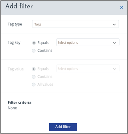 Casella Add filter (Aggiungi filtro) che visualizza le opzioni e le condizioni in base a cui filtrare