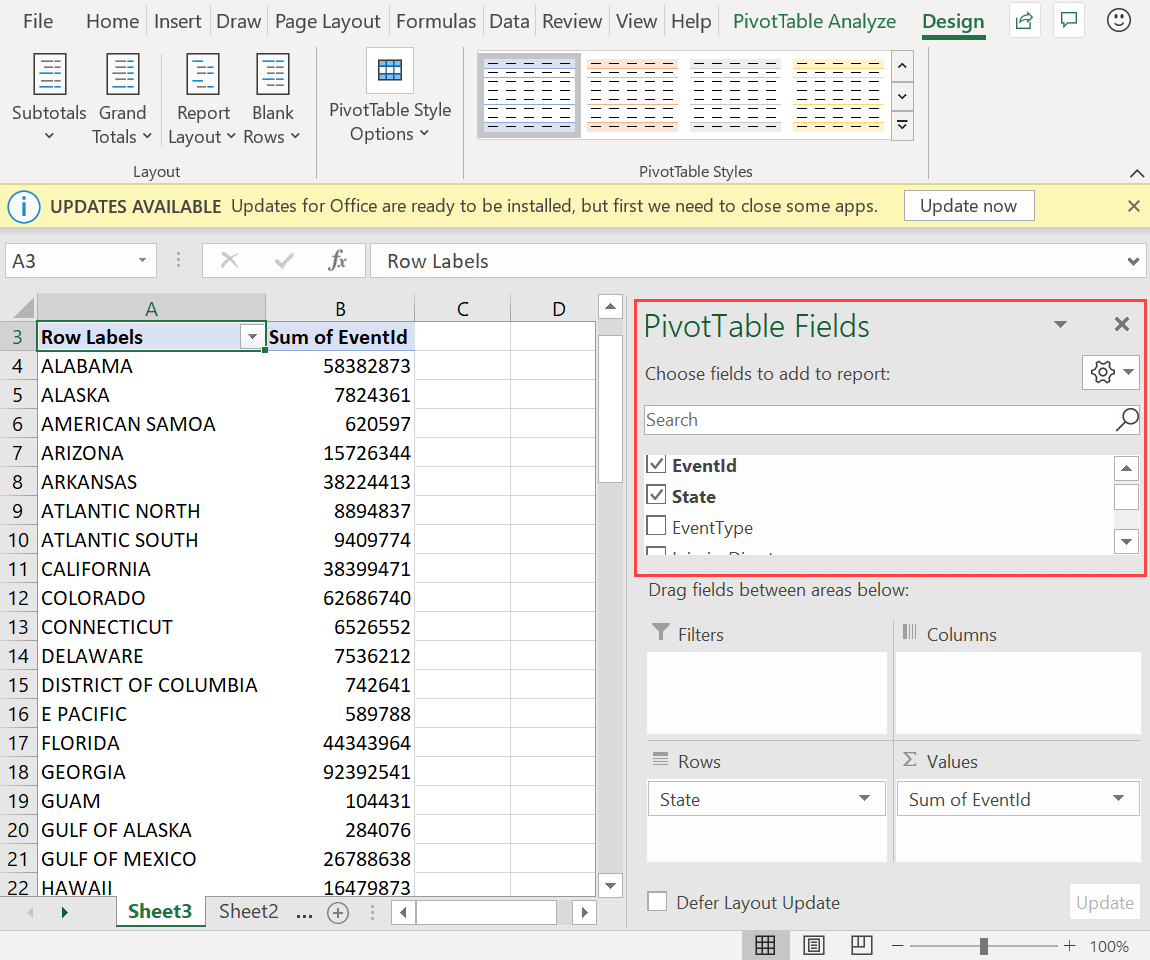 Screenshot che mostra come selezionare i campi della tabella pivot.