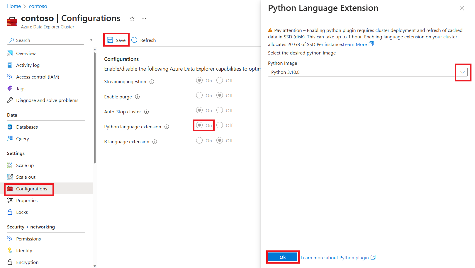 Screenshot della pagina di configurazione del cluster di Azure Esplora dati che mostra la selezione dell'immagine dell'estensione del linguaggio Python.